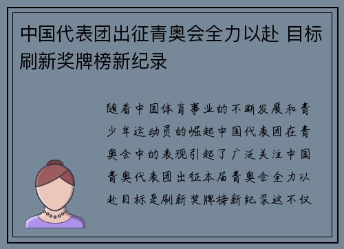 中国代表团出征青奥会全力以赴 目标刷新奖牌榜新纪录